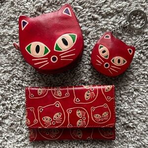 Vintage Kane M Leather cat EUC 3 piece set. Wallet, coin purse, key chain.